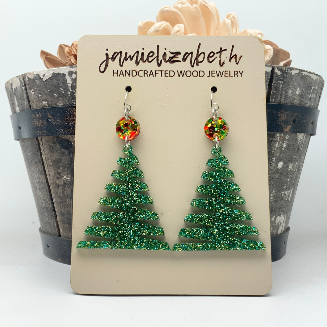 Green Glitter Zig Zag Christmas Tree - Earrings or Necklace   (Vault)