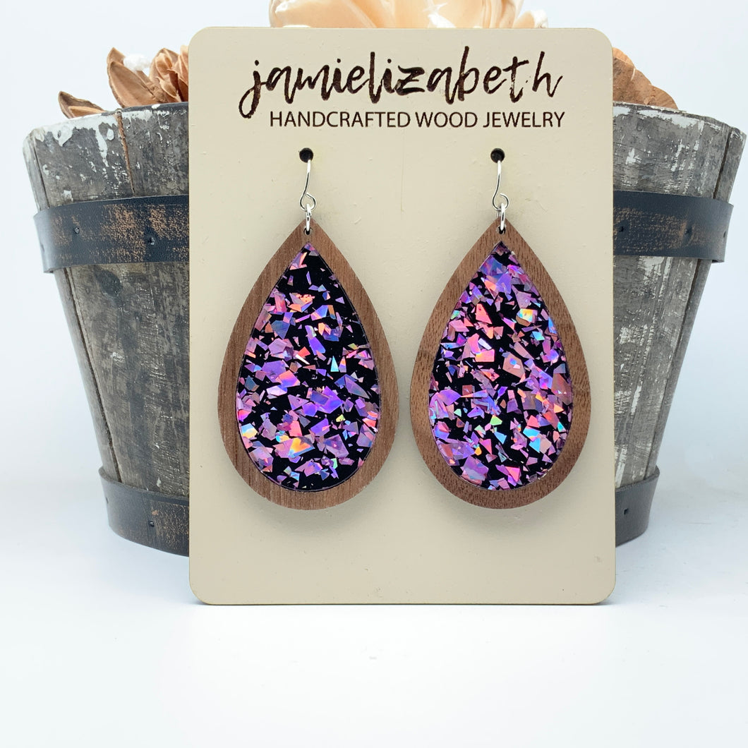 Purple Passion Fleck Acrylic Teardrops - Earrings or Necklace     -Vault