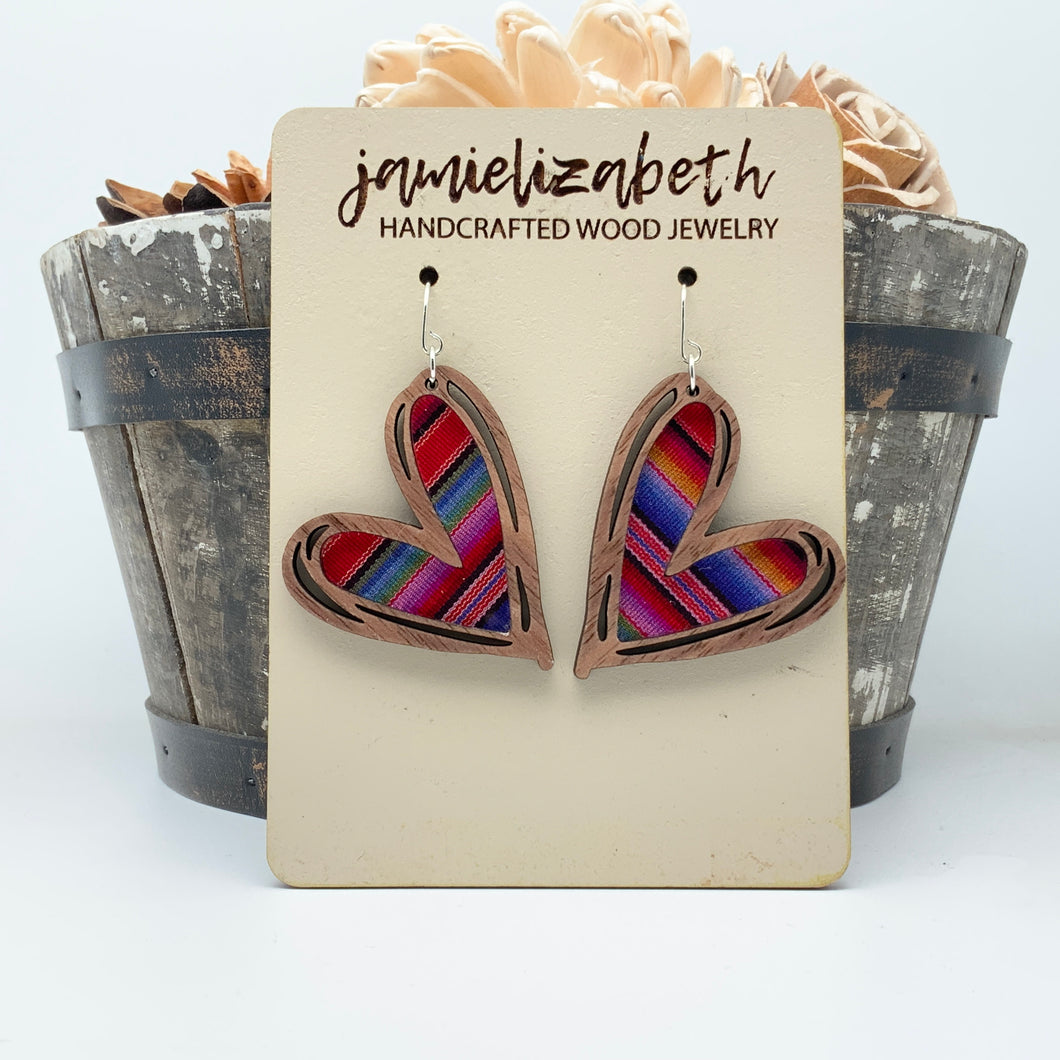 Wood Hand-Drawn Heart Earrings: Serape Acrylic  (Vault)