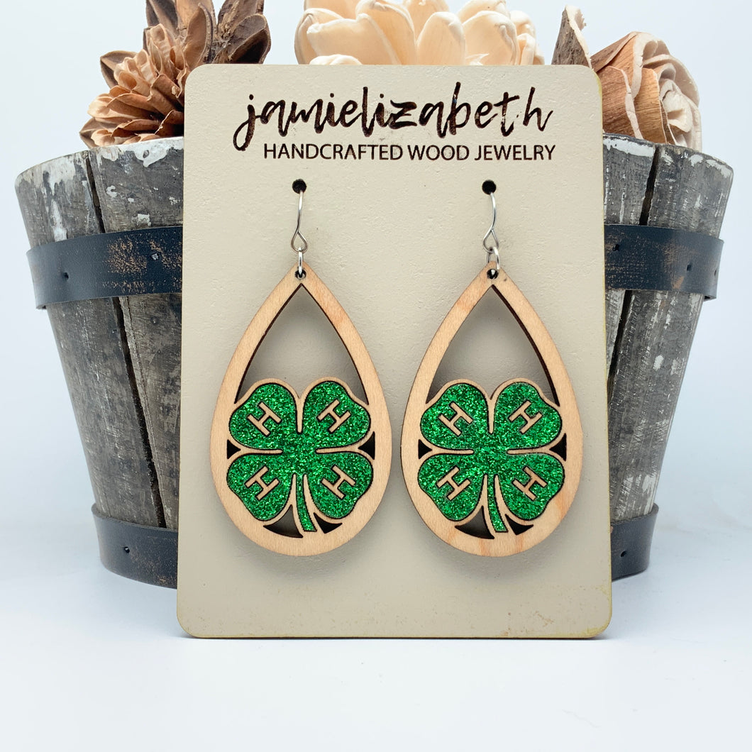 4H Clover Teardrops -Fine Green Glitter - Earrings